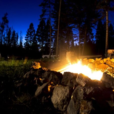 Večerné ohnisko v lese s horiaciou vatrou