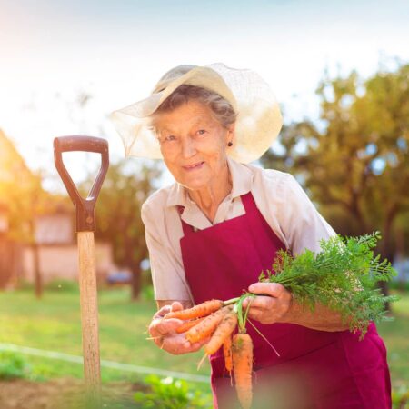 Staršia žena v záhrade sa teší z pestovania . Pestovanie rastlín pri demencii tak môže pôsobiť terapeuticky.