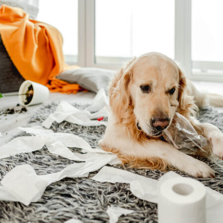 Obdobie neposlušnosti psov: Neposlušný pes v byte – zlatý retriever obklopený roztrhaným toaletným papierom na koberci.