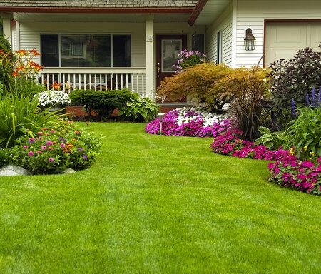 Upravený dvor s trávnikom a farebnými kvetinovými záhonmi pred domom. Ako mať na dvore vždy upratané.