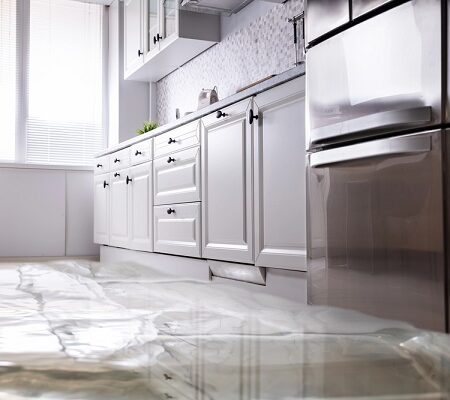 Povodne. Zaplavená kuchyňa po povodni s rizikom výskytu škodcov, ktorí môžu preniknúť do domácnosti po opadnutí vody.