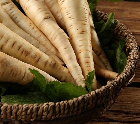 Zber petržlenu: Košík plný čerstvých paštrnákov pripravených na zber a skladovanie.