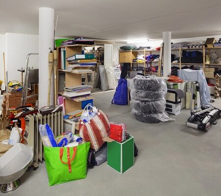 Neporiadok v pivnici – rôzne predmety uložené v priestore bez organizácie, vrátane domácich spotrebičov, pneumatík a úložných tašiek. Správne sladovanie.