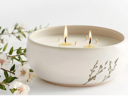 Škodia vonné sviečky zdraviu? Elegantná vonná sviečka v keramickej mise s kvetmi v pozadí na bielom pozadí.