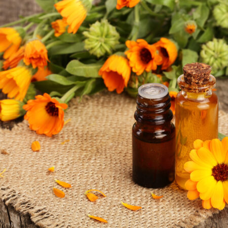 Nechtík lekársky – čerstvé kvety a olej v sklenených fľaštičkách na prírodné liečivé použitie